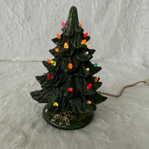 Vintage Lighted Ceramic Christmas Tree with base 2 piece Holland Mold Dark Green - Picture 2 of 12